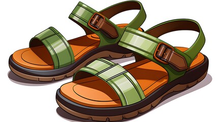 Vibrant Cartoon Illustration of Green, Brown, and Orange Sandals for Creative Projects