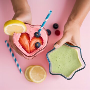Top view of 2 female hands holding 2 shaped smoothie glasses: green smoothie in a star-shaped glass, pink smoothie in a heart-shaped glass, decorated with a heart-shaped strawberry. Blurred background