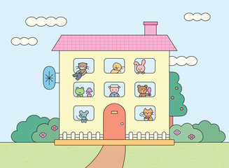 Cute cartoon animal characters looking out from a cozy house with a pink roof. Perfect for children’s stories, posters, nursery decor, or kids’ content.