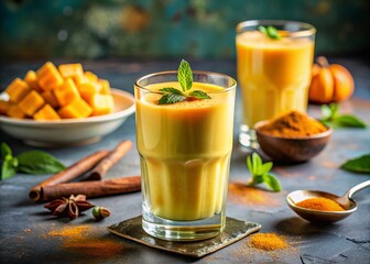 Fototapeta premium Panoramic Photo: Refreshing Mango Lassi with Turmeric – Healthy Probiotic Drink