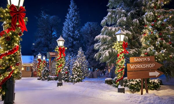 Festive winter scene with Christmas lights, decorations, and snow-covered trees