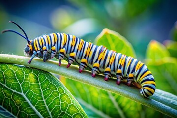 Naklejka premium Panoramic View of a Caterpillar Feeding on a Leaf - Stock Photo