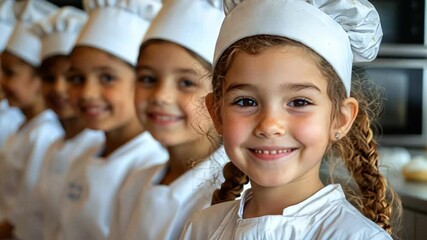Cheerful young girls in chef hats smiling together in vibrant kitchen, showcasing joy, teamwork, and culinary excitement.