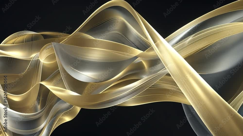 Poster abstract flowing lines in gold and silver dynamic visual elegance and movement against dark backgrou