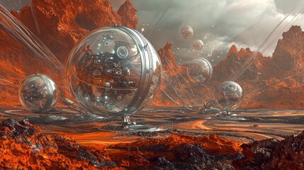 Alien landscape with transparent sphere structures.  Vast, rocky, reddish terrain dotted with futuristic, transparent sphere habitats connected by shimmering threads.