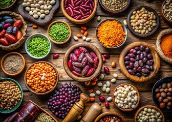 Panoramic Wooden Tabletop Display of Assorted Beans and Seeds