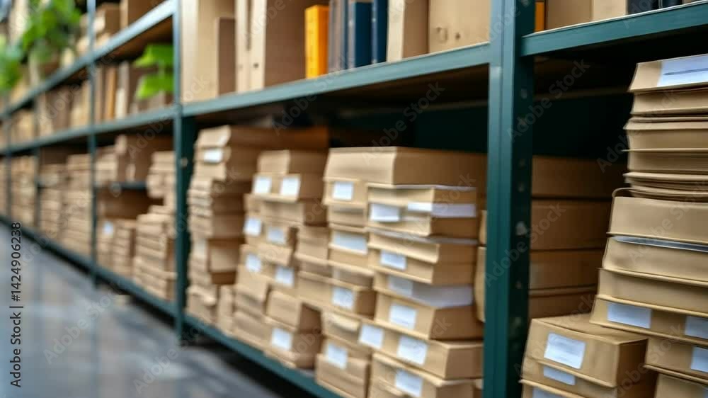 Poster efficient organization of storage shelves neatly stacked file folders and archival documents for doc