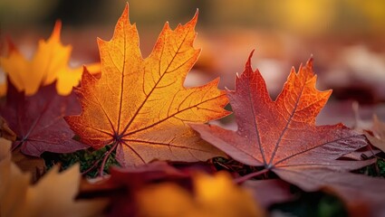 Fototapeta premium Autumn Maple Leaf on Ground in Fall Colors