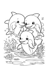 Happy Dolphin Family – Cute Underwater Coloring Page for Kids and Ocean-Themed Printables
