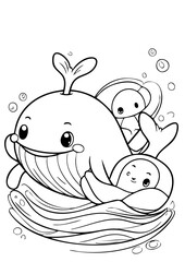 Adorable Baby Whales Coloring Page – Cute Ocean Animals Line Art for Kids