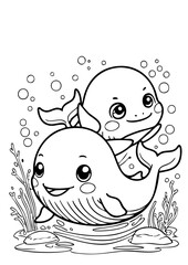 Adorable Baby Whales Coloring Page – Cute Ocean Animals Line Art for Kids