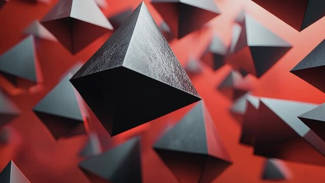 Geometric Abundance: A captivating array of metallic-textured tetrahedrons suspended against a vibrant gradient backdrop, showcasing modern design and abstract aesthetics.