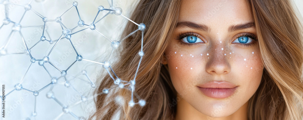 Poster a woman with blue eyes and a pale skin is standing in front of a complex looking structure. the stru