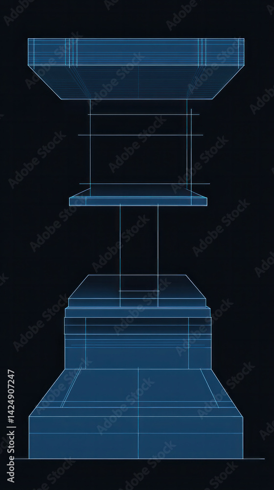 Poster a blue and white image of a tall structure with a glass top. the structure is made up of several lev