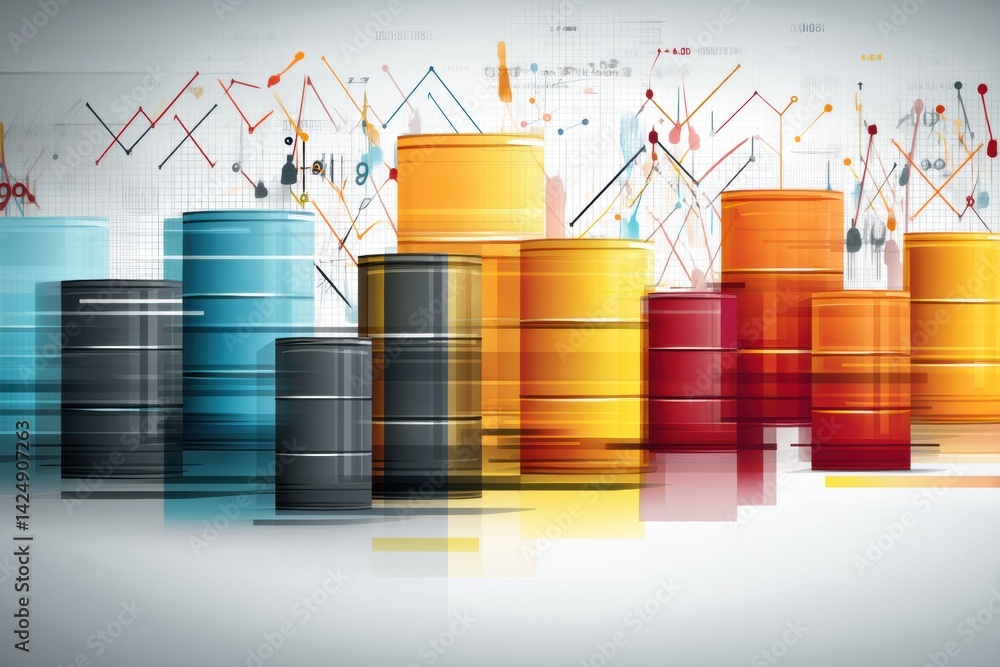 Poster abstract representation of oil market dynamics with colorful barrels and graphs depicting trends in 