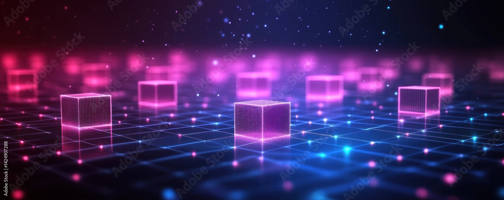 Poster a computer screen with a grid of pink cubes. the cubes are arranged in a pattern that resembles a co