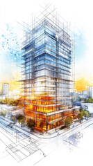 A tall building with a lot of windows and a lot of detail. The building is in a city with a lot of trees and buildings