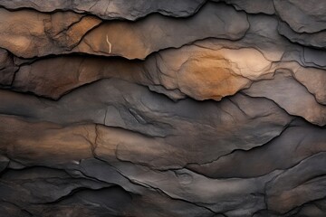 Textured dark stone slabs with layered, uneven surfaces.  Rich tones of brown and grey