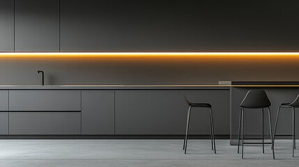 Modern, minimalist kitchen with warm accent lighting.