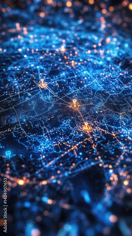 Aufkleber a blue and orange cityscape with many dots and lines. the dots are small and the lines are thin. the