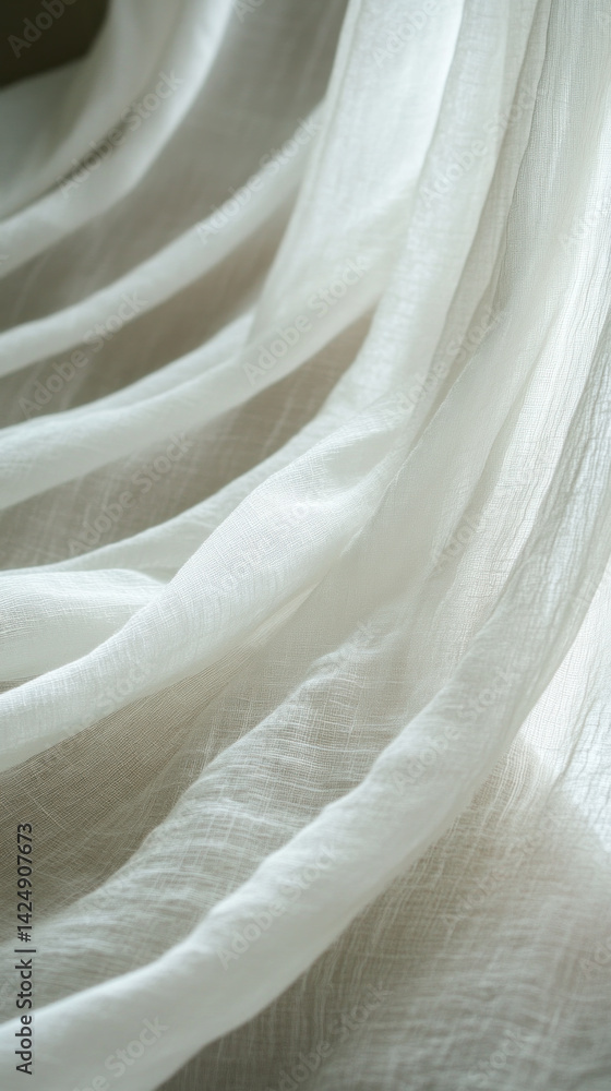 Poster a white fabric with a pattern of stripes. the fabric is hanging from a window. concept of calmness a
