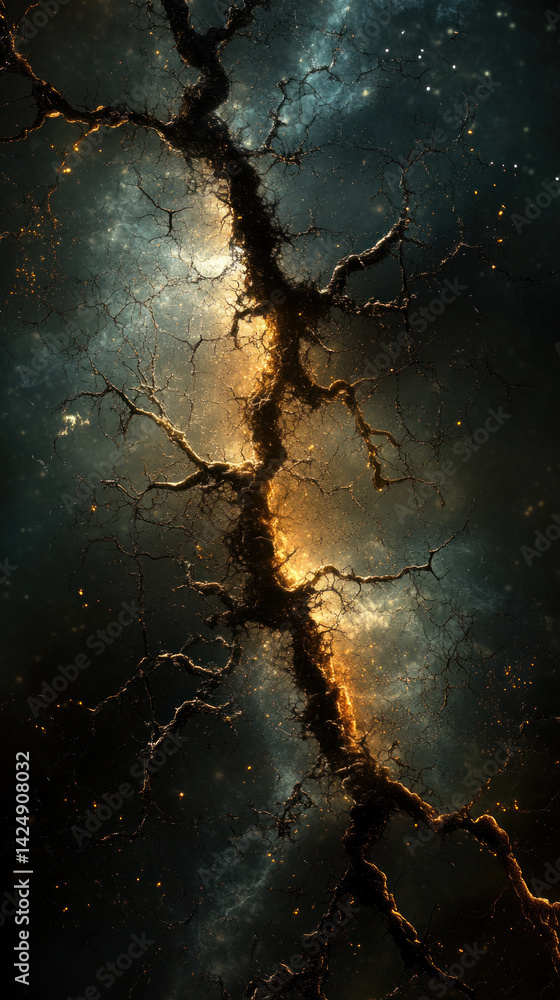 Poster a long, twisted tree with a bright orange line running through it. the tree is surrounded by a dark 