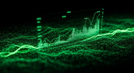 Glowing Green Financial Chart on a Particle Landscape