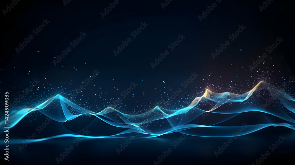 Poster abstract illuminated wavy lines with glowing particles on dark background