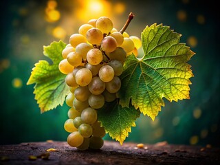 Riesling Grapes Cluster with Leaf - Low Light Stock Photo