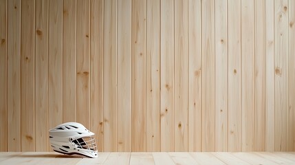 White Lacrosse Helmet Against Light Brown Wooden Wall