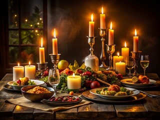 Romantic Dinner Candlelight Setting: Dark Background Food Photography