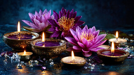 Diwali, Indian holiday, the festival of fire. Lotus flowers and diyas oil lamps