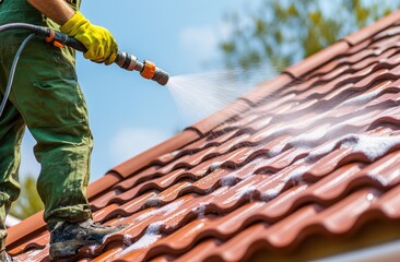 Worker cleaning roof tiles with high-pressure water.