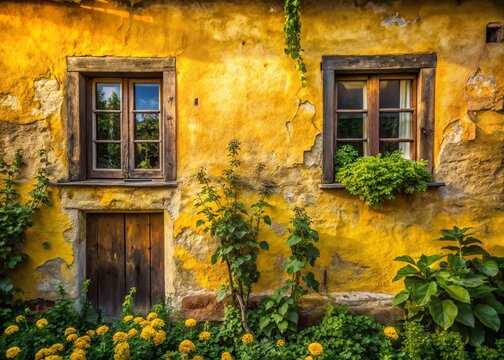 Rustic Farmhouse Exterior with Mustard Yellow Plaster Walls, Aged Wood Details, Architectural Detail