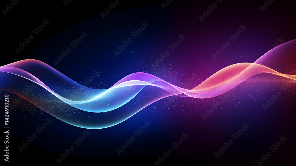 Poster elegant flowing light waves with sparkling particles against dark backdrop