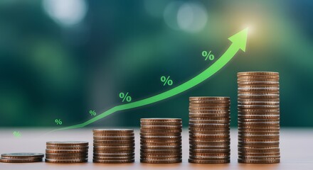 Financial growth concept with coin stacks and upward arrow