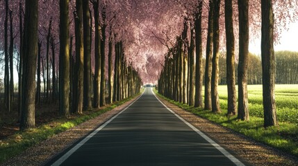 A paved road lined with pink flowering trees leading into the distance.  Sunlight filters through the blossoms creating a serene and tranquil scene.