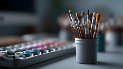 Paintbrushes and a coding tablet on a dorm desk