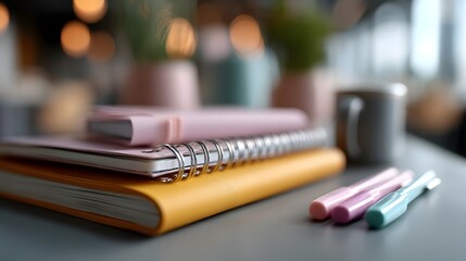Vibrant flat lay of office supplies in a colorful cafe setting