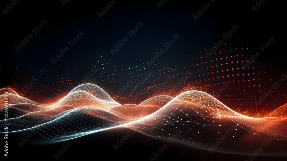 Poster luminous data waves in a dark space, interconnected network visualization