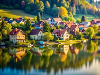 Naklejka premium Serene Lakeside Village: Miniature Tilt-Shift Photography