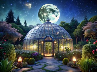 Fototapeta premium Serene Moonlit Garden with Dome Greenhouse - Peaceful Night Scene Stock Photo