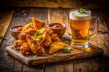 Shadowy Silhouette of Fried Chicken Wings, Beer, & Nachos on Rustic Wooden Board