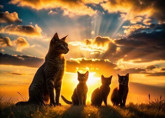 Silhouette of a Cat Family at Sunset: Majestic Felines in Profile