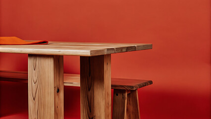 Rustic Wooden Dining Table and Bench Set against a Vibrant Red Wall