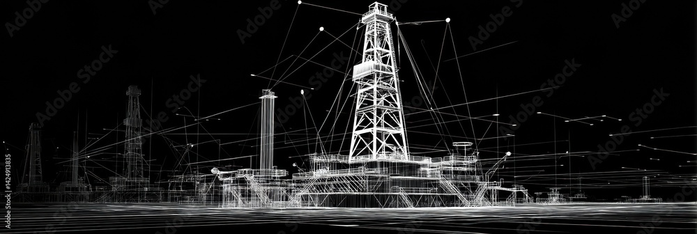 Poster 3D Wireframe Model of an Oil Rig Against a Black Backdrop Showcasing Detailed Design and Structural Elements