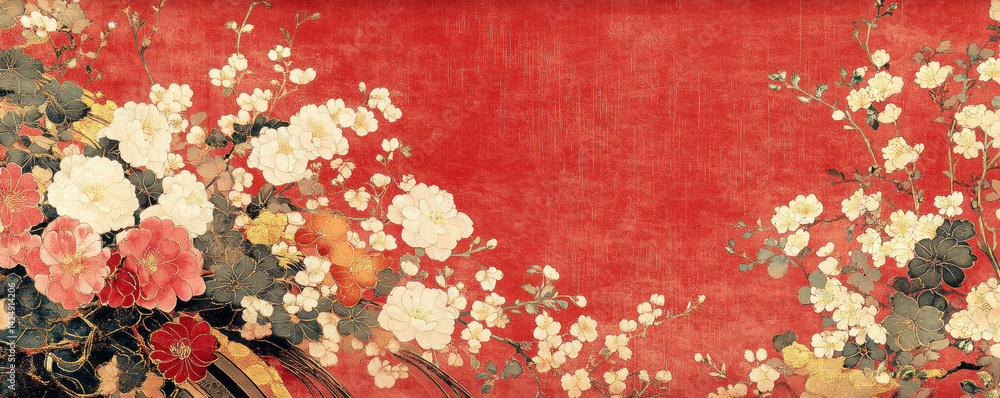 Poster a red background with white flowers in the foreground. the flowers are arranged in a way that create