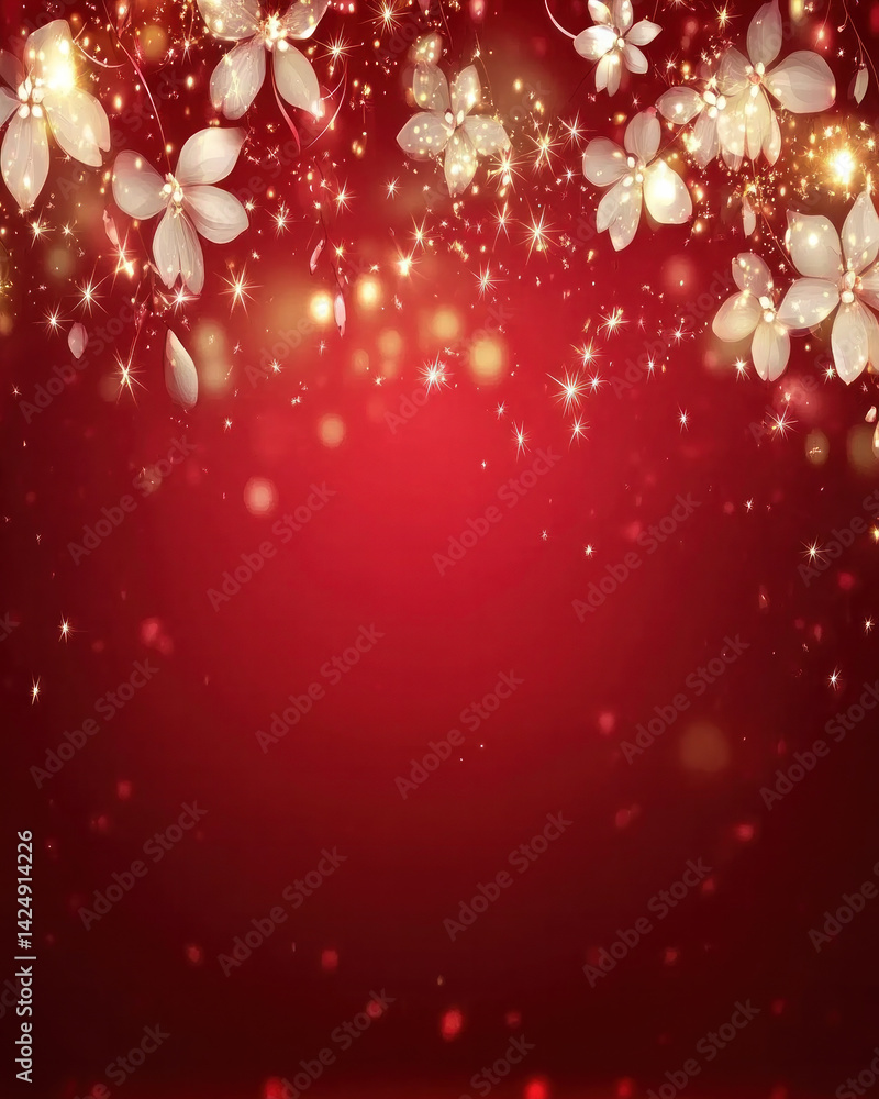 Poster a red background with white flowers and sparkles. the flowers are in the center of the image and are