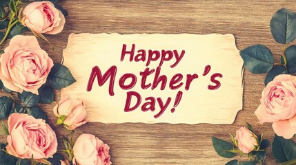 On an old wooden table, a beautiful label that reads "Happy Mother's Day!" is placed next to pink roses and leaves on a warm brown background.