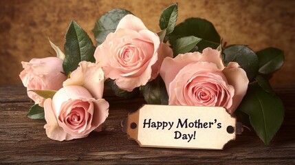 A beautiful label with the words "Happy Mother's Day!" is placed next to pink roses and leaves on an old wooden table against a warm brown background.